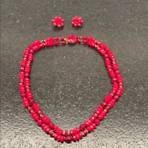 Vintage Red Beaded Necklace and clip on Earring Set